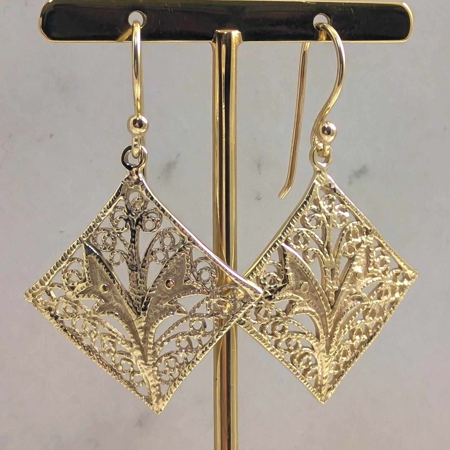 Filigree Diamond-Shaped Drop Earrings with Floral Scrollwork - TurkishBling