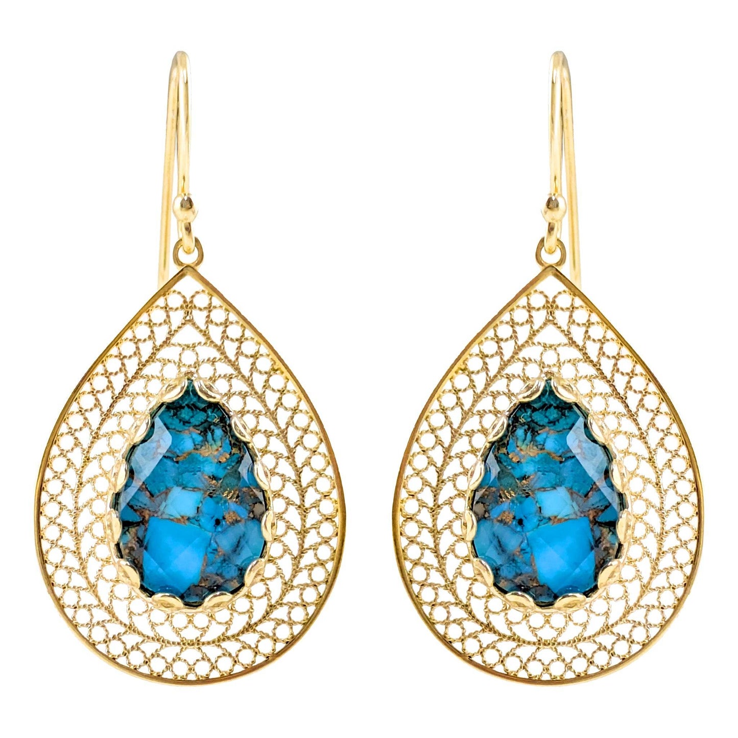 Teardrop Filigree Earrings with Blue Turquoise Inlay – Gold over Sterling Silver - TurkishBling