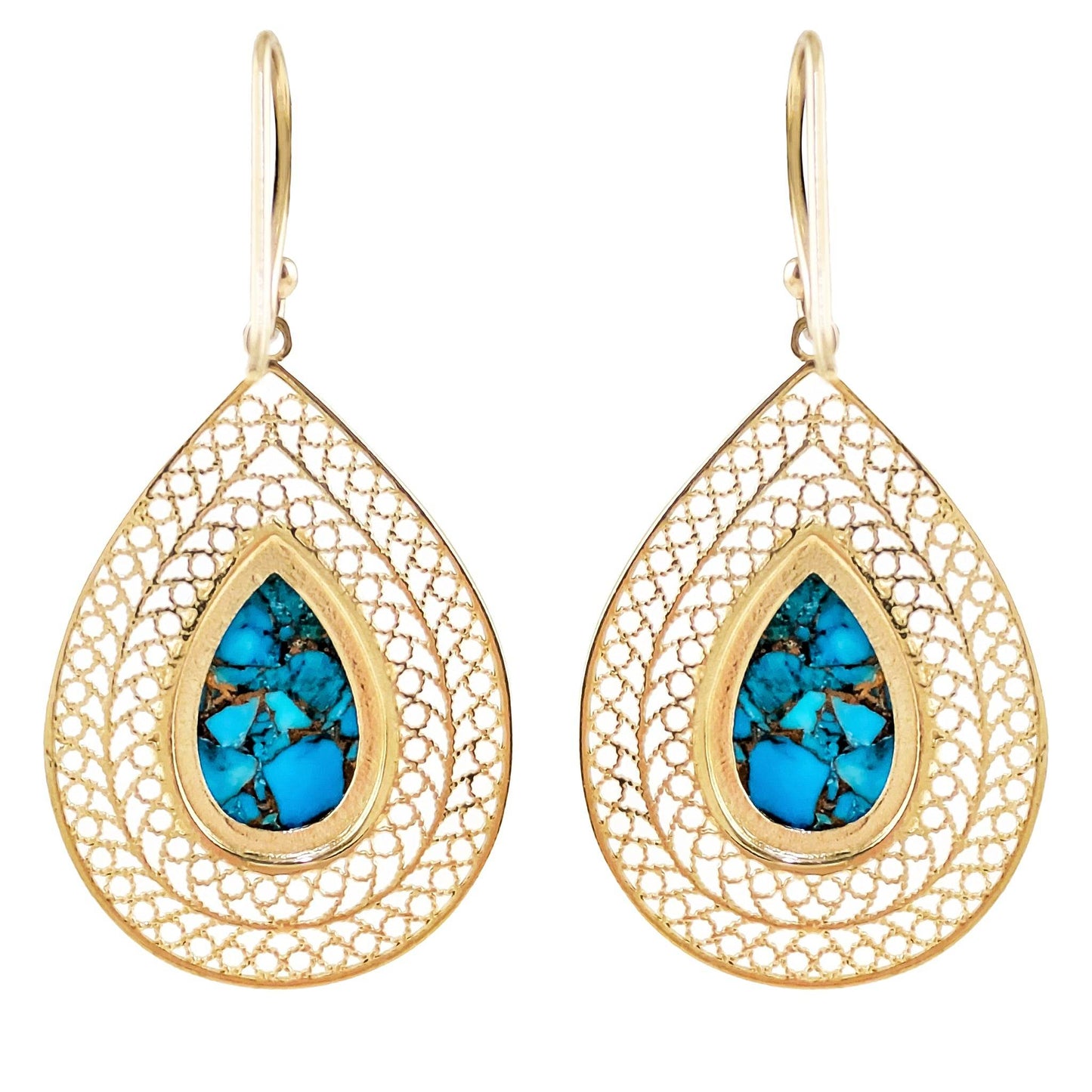 Teardrop Filigree Earrings with Blue Turquoise Inlay – Gold over Sterling Silver - TurkishBling
