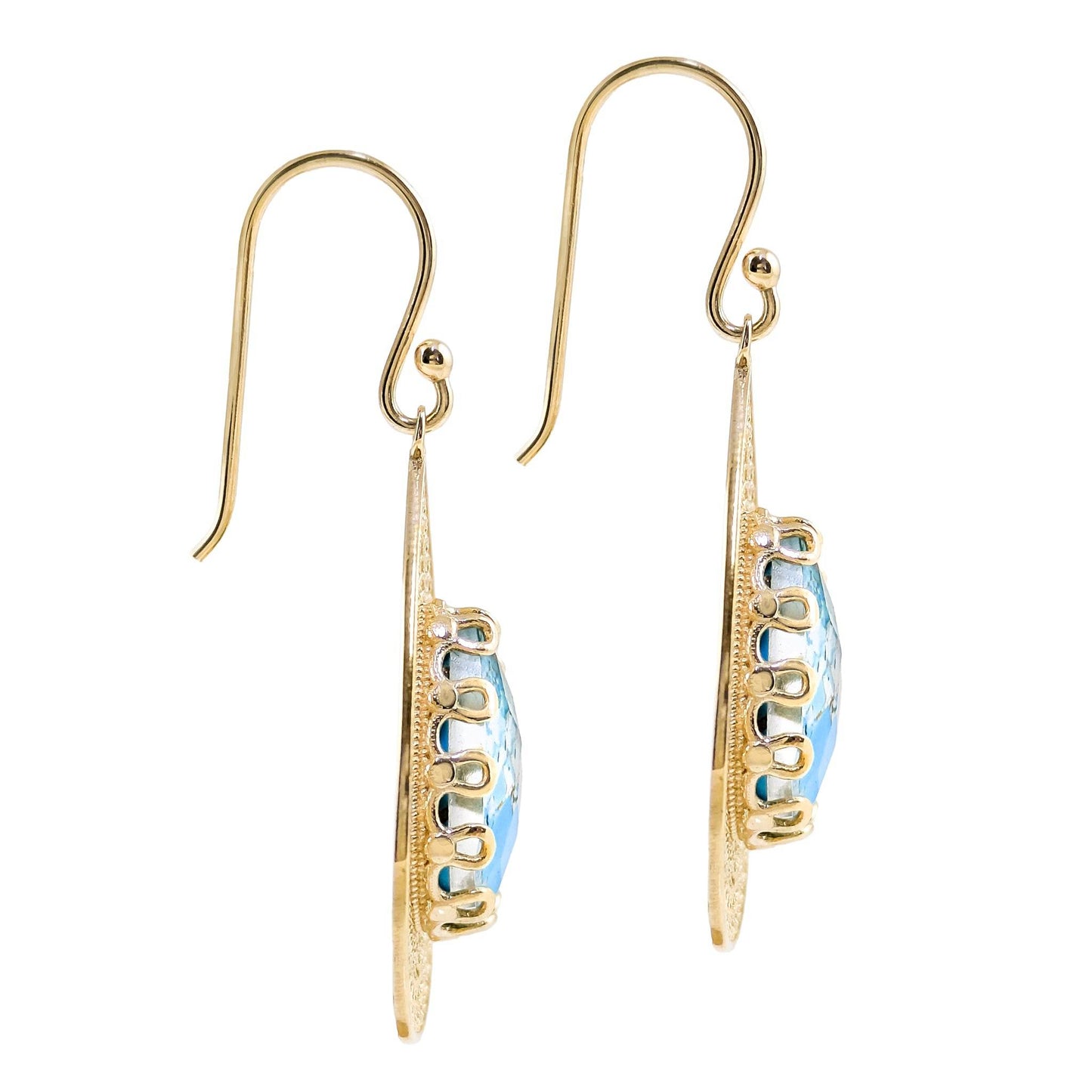 Teardrop Filigree Earrings with Blue Turquoise Inlay – Gold over Sterling Silver - TurkishBling