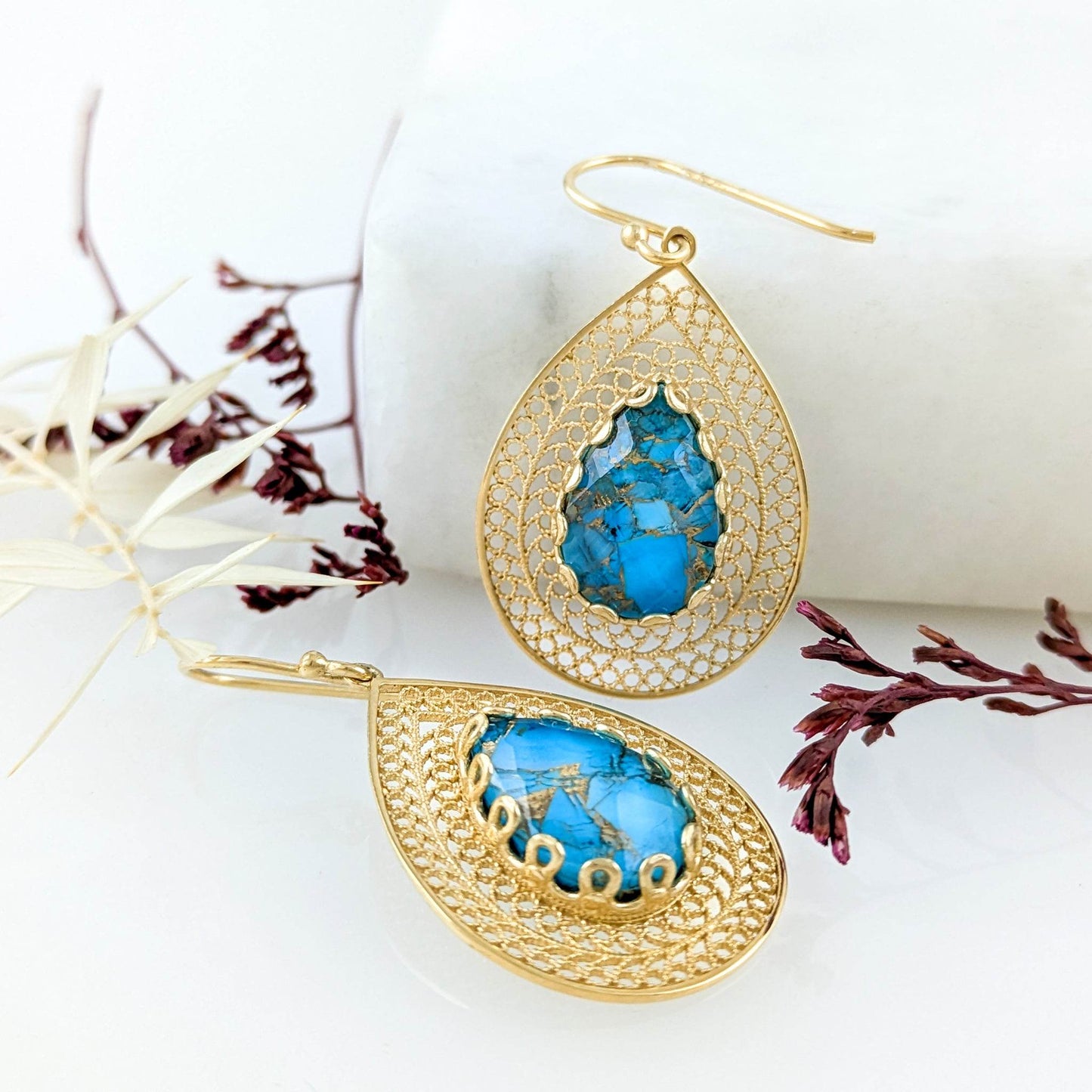 Teardrop Filigree Earrings with Blue Turquoise Inlay – Gold over Sterling Silver - TurkishBling