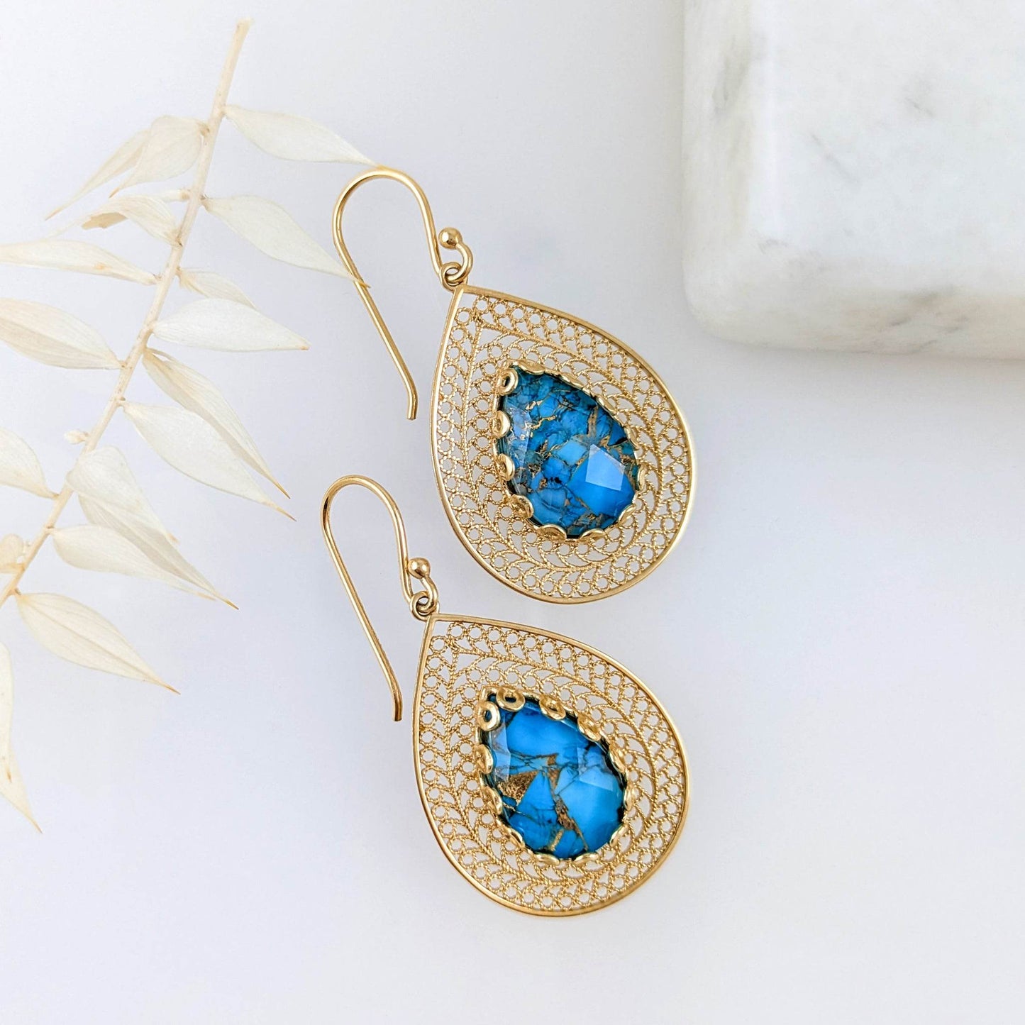 Teardrop Filigree Earrings with Blue Turquoise Inlay – Gold over Sterling Silver - TurkishBling