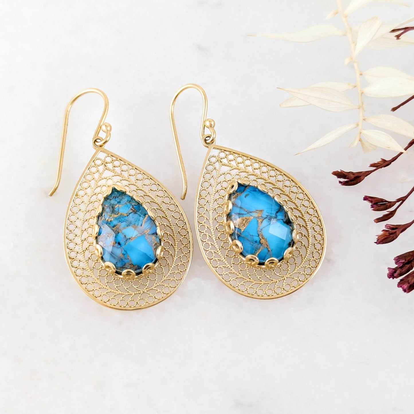 Teardrop Filigree Earrings with Blue Turquoise Inlay – Gold over Sterling Silver - TurkishBling
