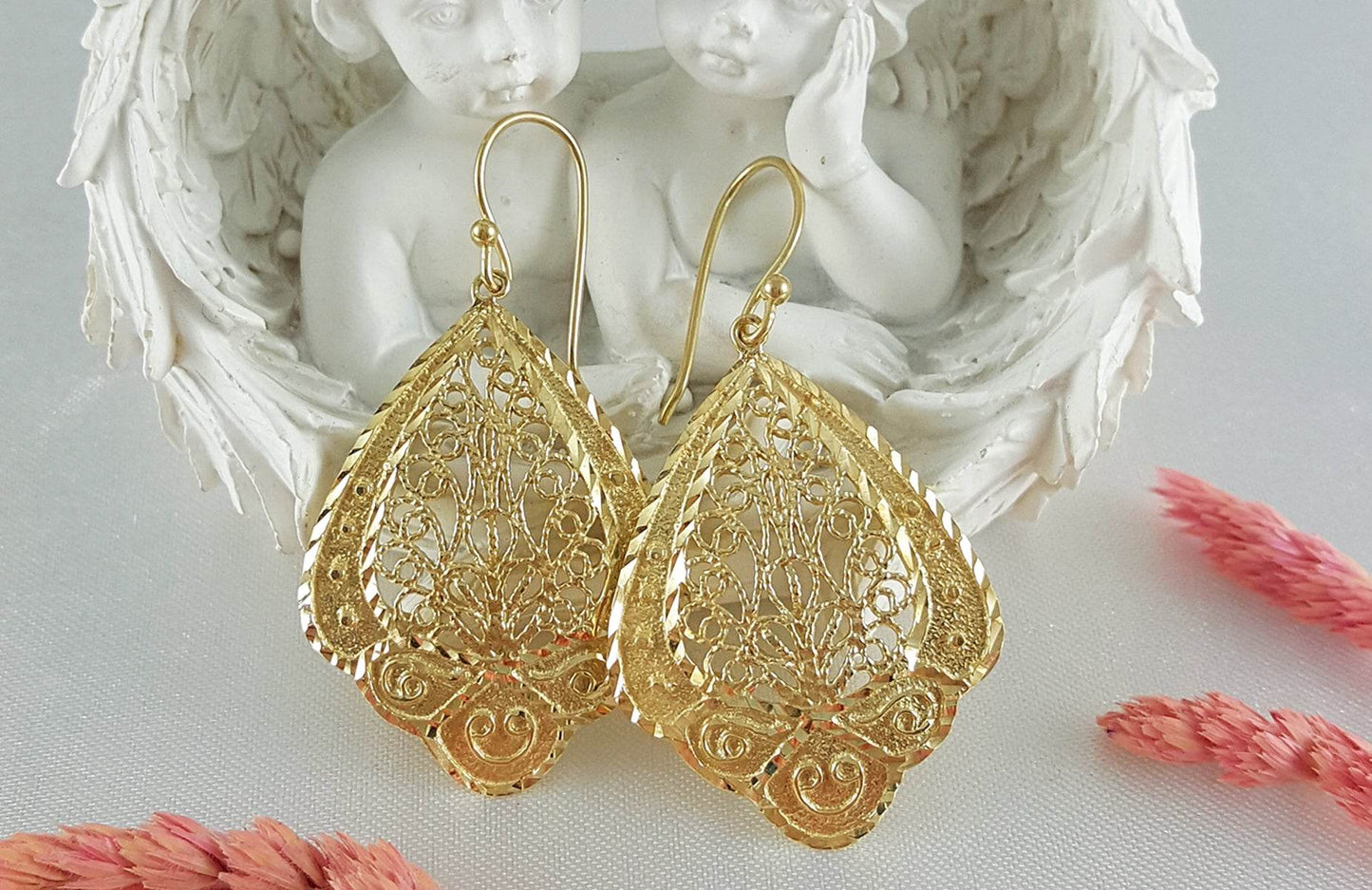 Open Filigree Teardrop Earrings with Scrollwork Detail - TurkishBling