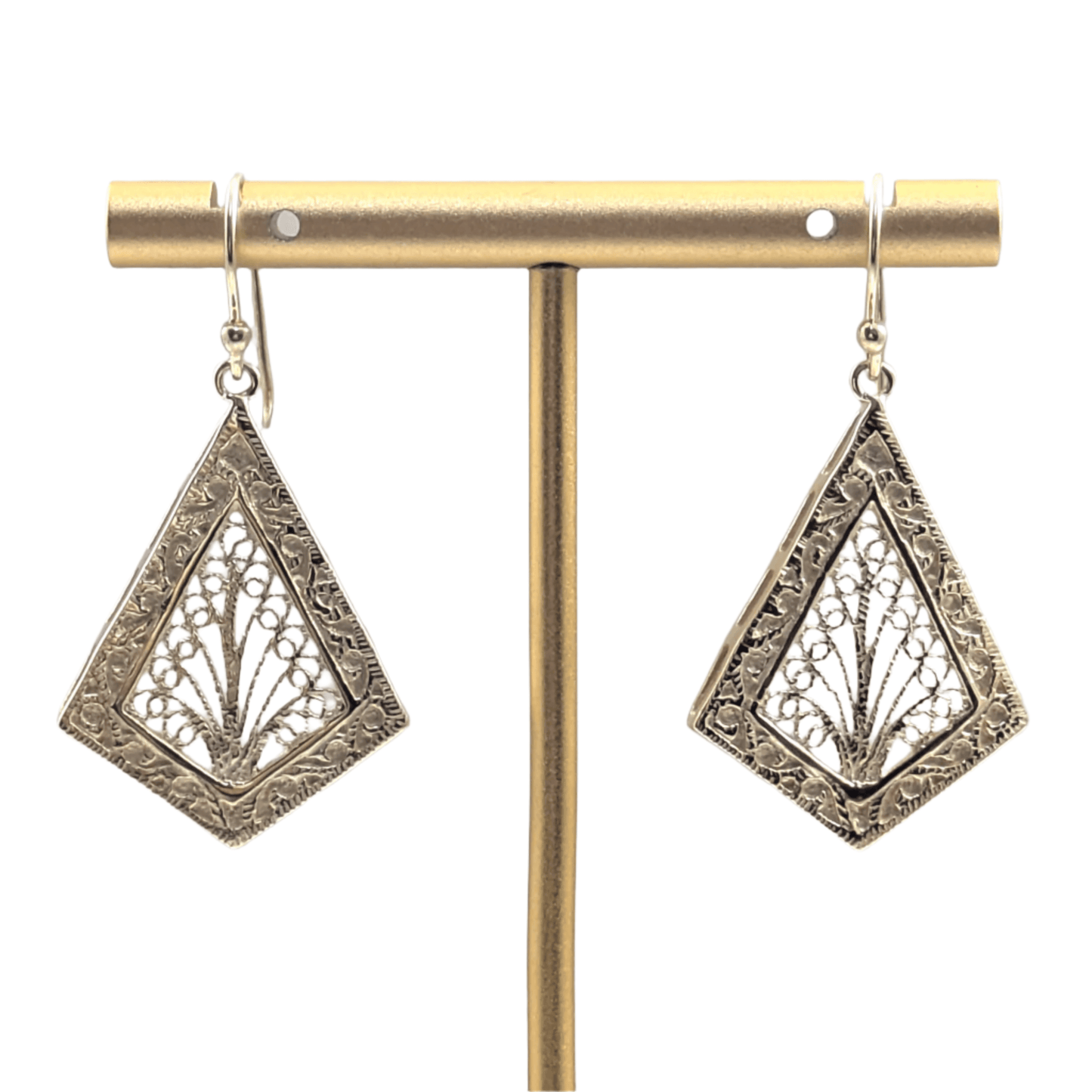 Diamond-Shaped Filigree Drop Earrings with Textured Border - TurkishBling