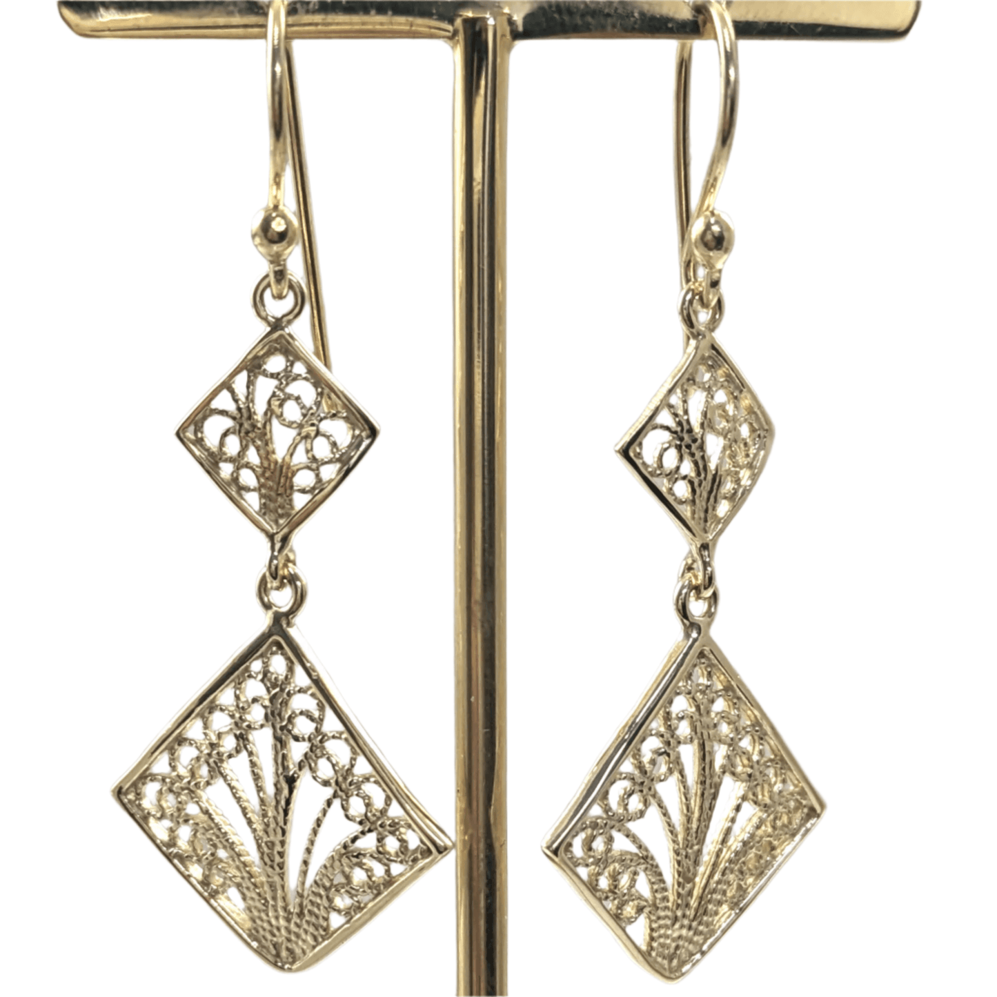 Gold Over Bronze Filigree Diamond-Shaped Dangle Earrings - TurkishBling