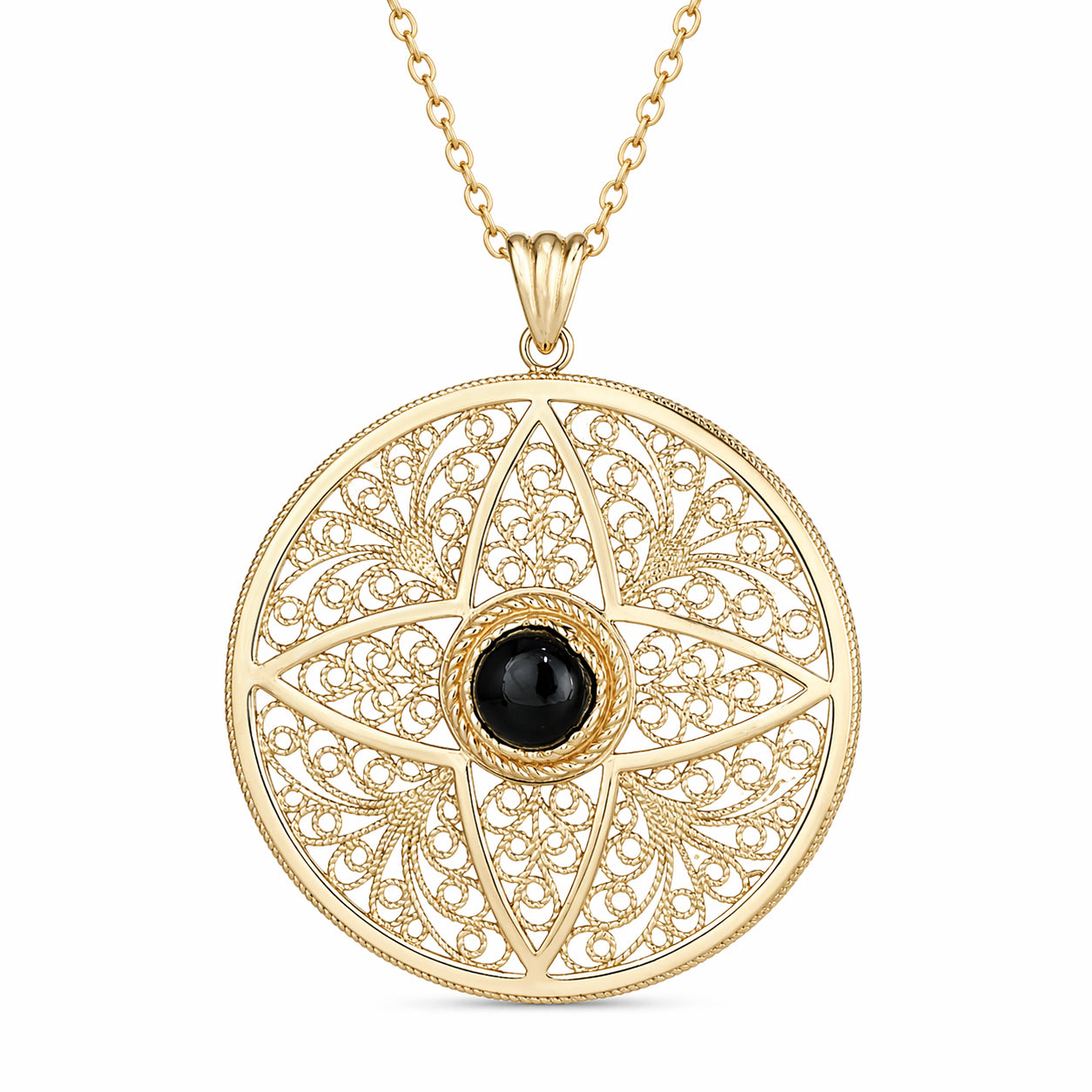 Black Onyx Filigree Pendant Gold Mandala Medallion