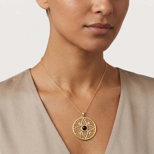 Black Onyx Filigree Pendant Gold Mandala Medallion Necklace Charm