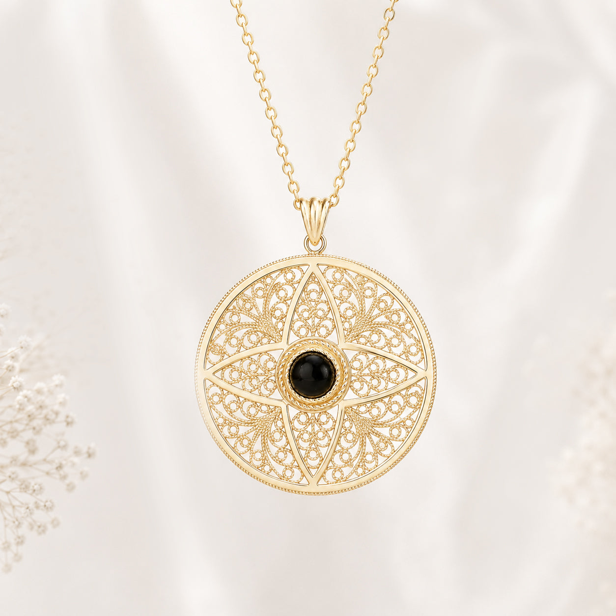 Black Onyx Filigree Pendant Gold Mandala Medallion Necklace Charm