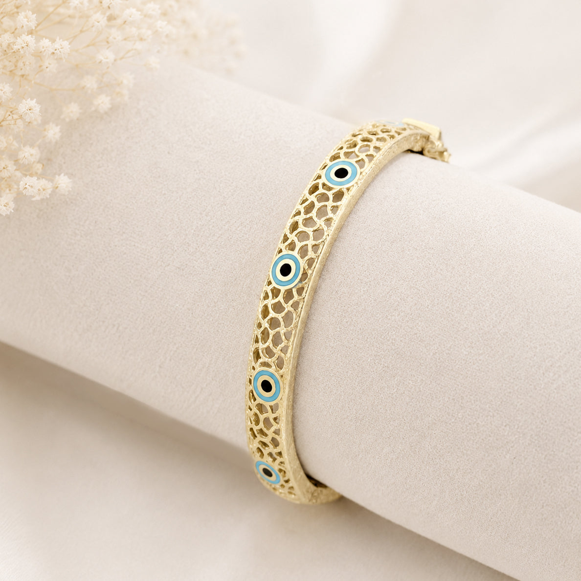 Evil Eye Filigree Bangle Bracelet Gold Hinged Nazar Cuff