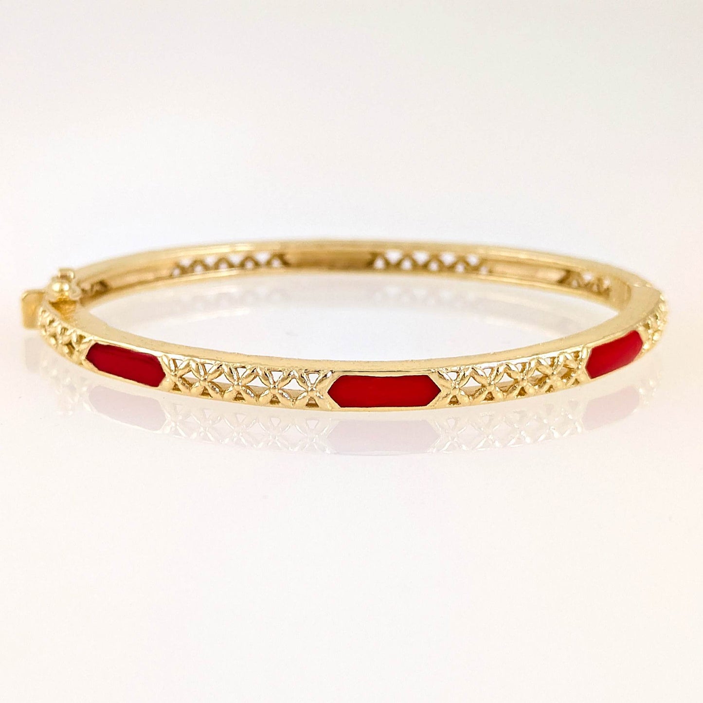 Enamel Inlay Bangle – Lattice Detail with Safety Clasp, 7 or 8 in. Red Coral / Turquoise color options - TurkishBling