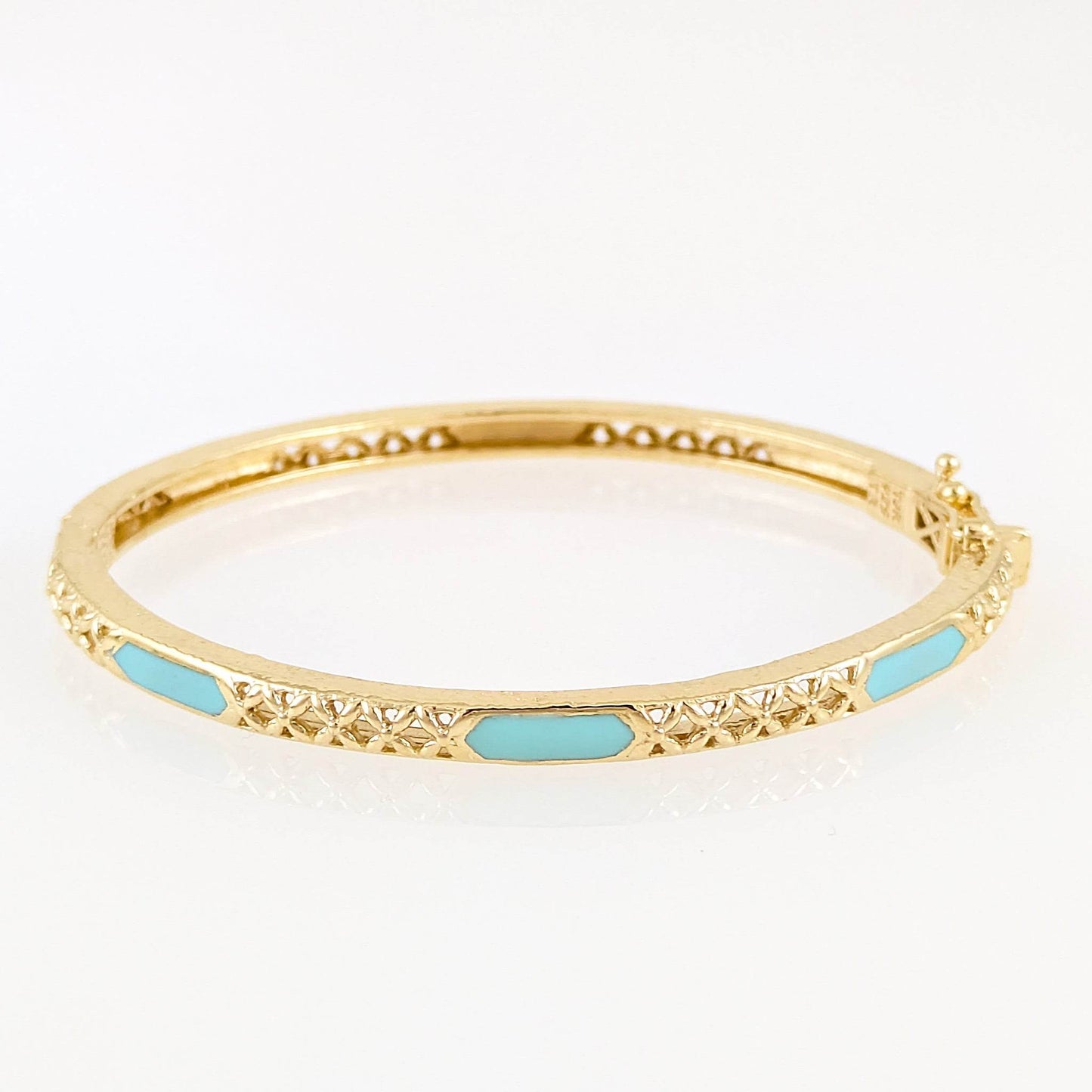 Enamel Inlay Bangle – Lattice Detail with Safety Clasp, 7 or 8 in. Red Coral / Turquoise color options - TurkishBling