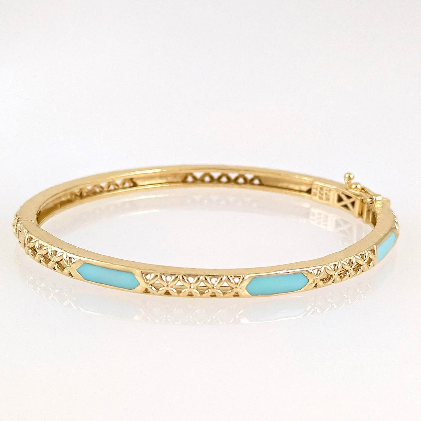 Enamel Inlay Bangle – Lattice Detail with Safety Clasp, 7 or 8 in. Red Coral / Turquoise color options - TurkishBling