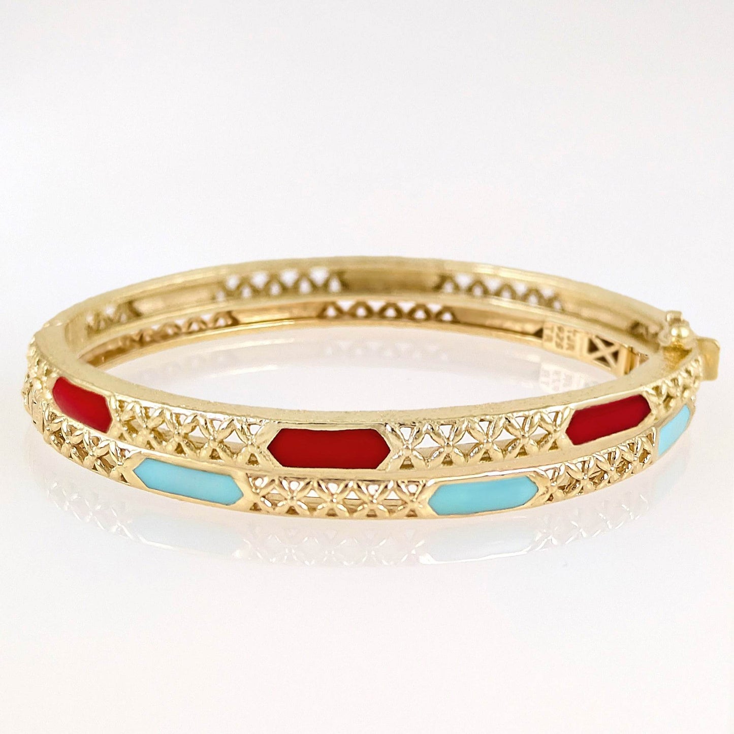 Enamel Inlay Bangle – Lattice Detail with Safety Clasp, 7 or 8 in. Red Coral / Turquoise color options - TurkishBling