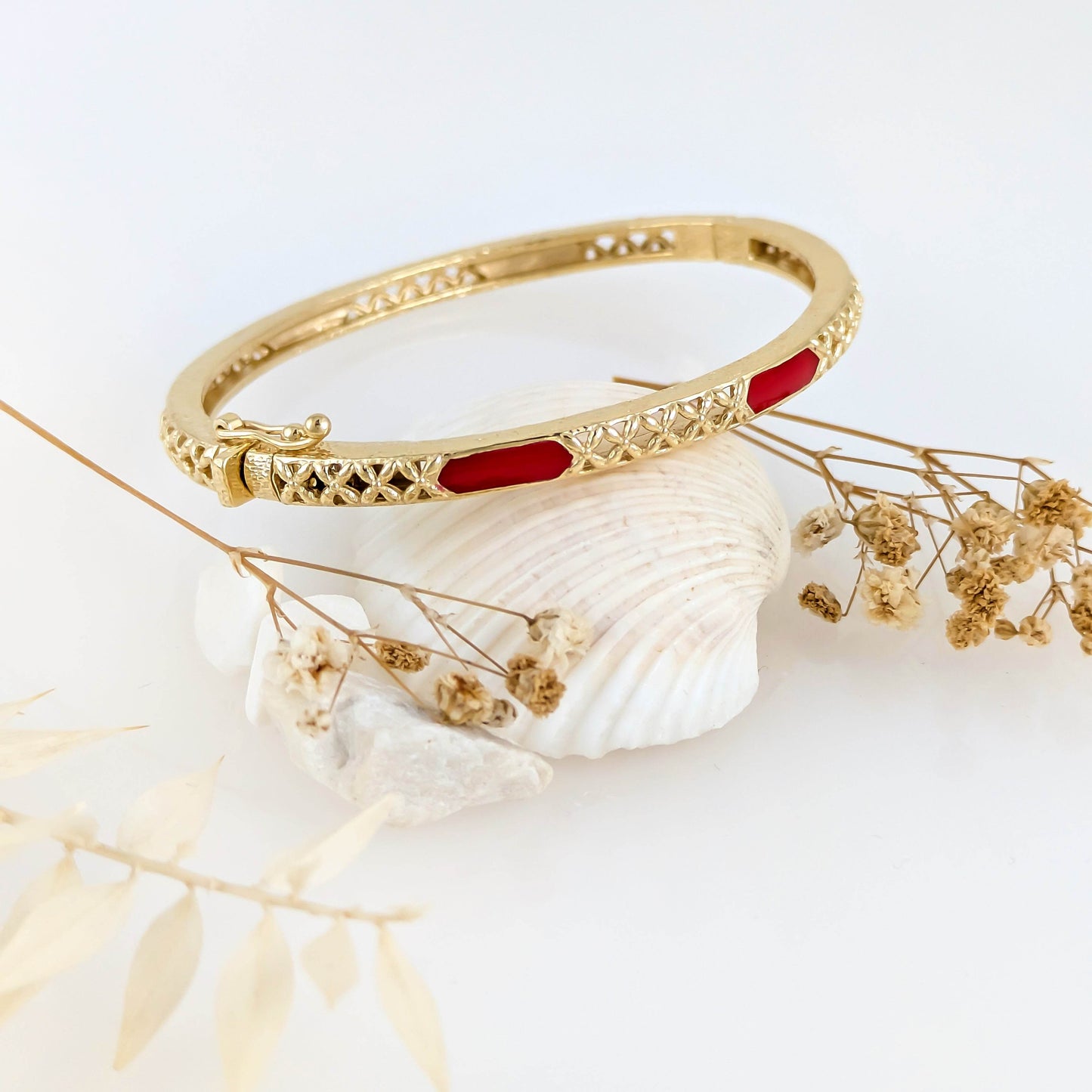 Enamel Inlay Bangle – Lattice Detail with Safety Clasp, 7 or 8 in. Red Coral / Turquoise color options - TurkishBling