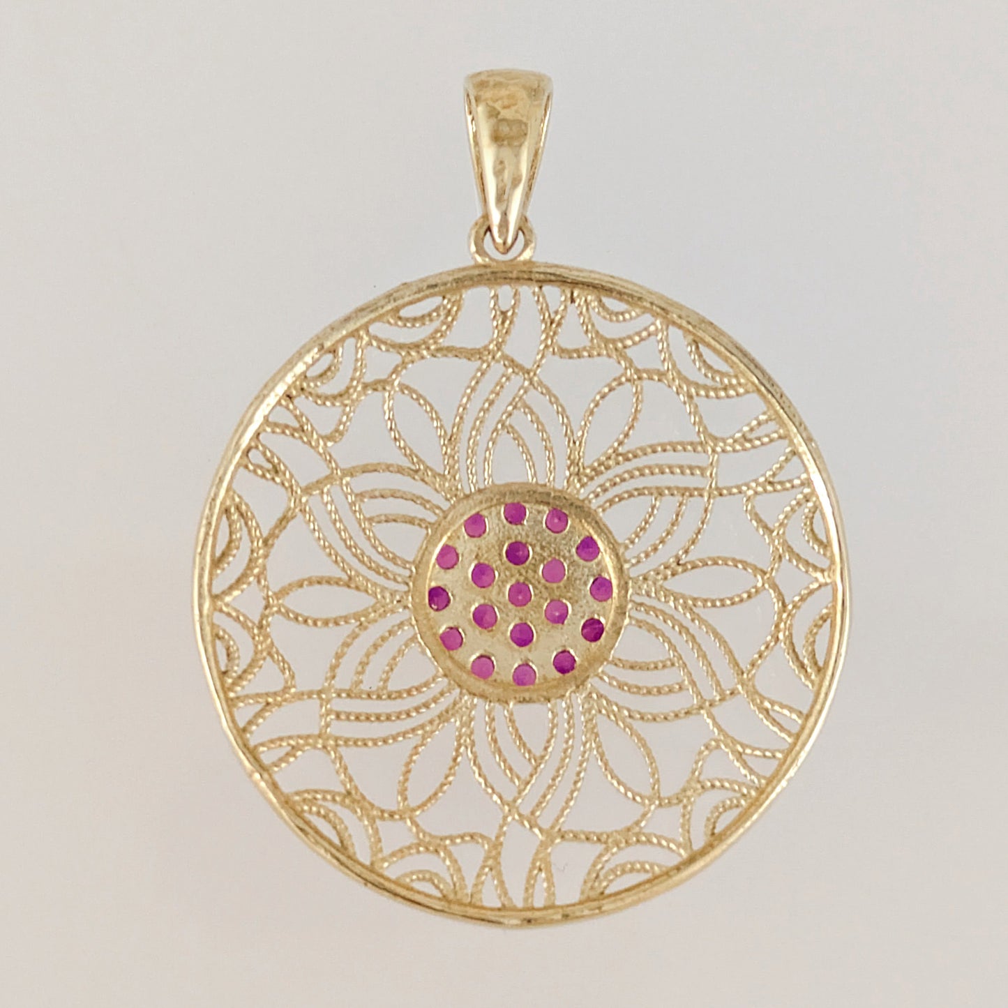 Dark Pink Crystal Floral Filigree Round Pendant