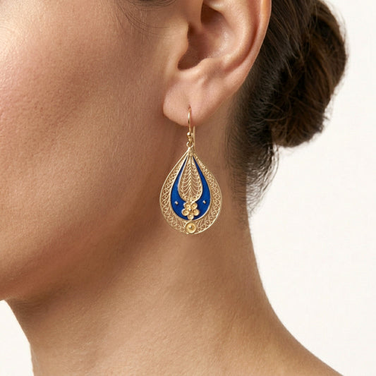 Blue Enamel Filigree Teardrop Drop Earrings