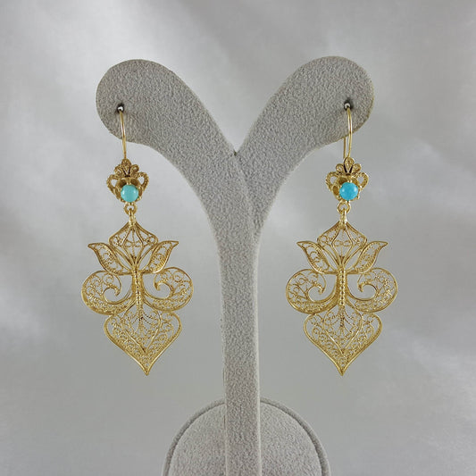 Gold Filigree Fleur de Lis Earring with Blue Gemstone - TurkishBling