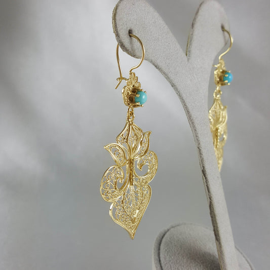 Gold Filigree Fleur de Lis Earring with Blue Gemstone - TurkishBling