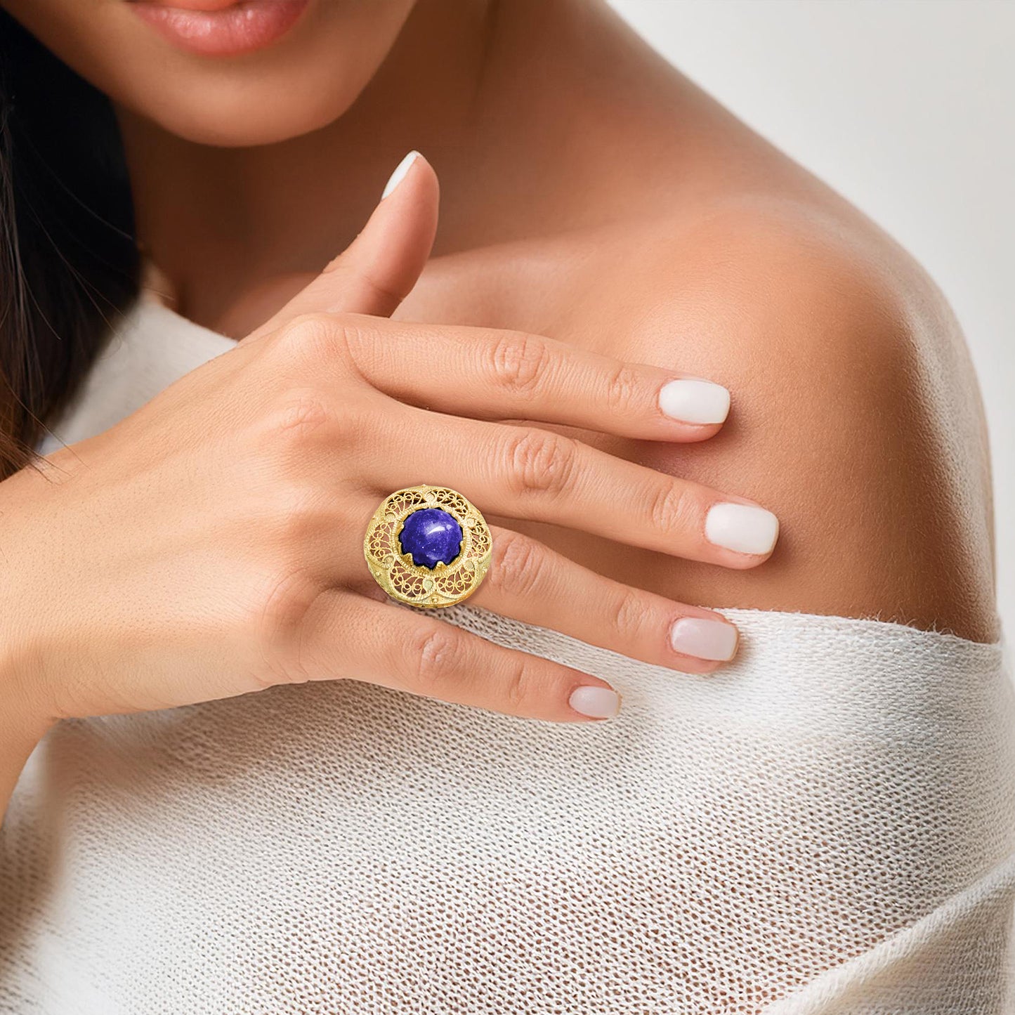 Lapis Statement Ring with Intricate Filigree Bezel