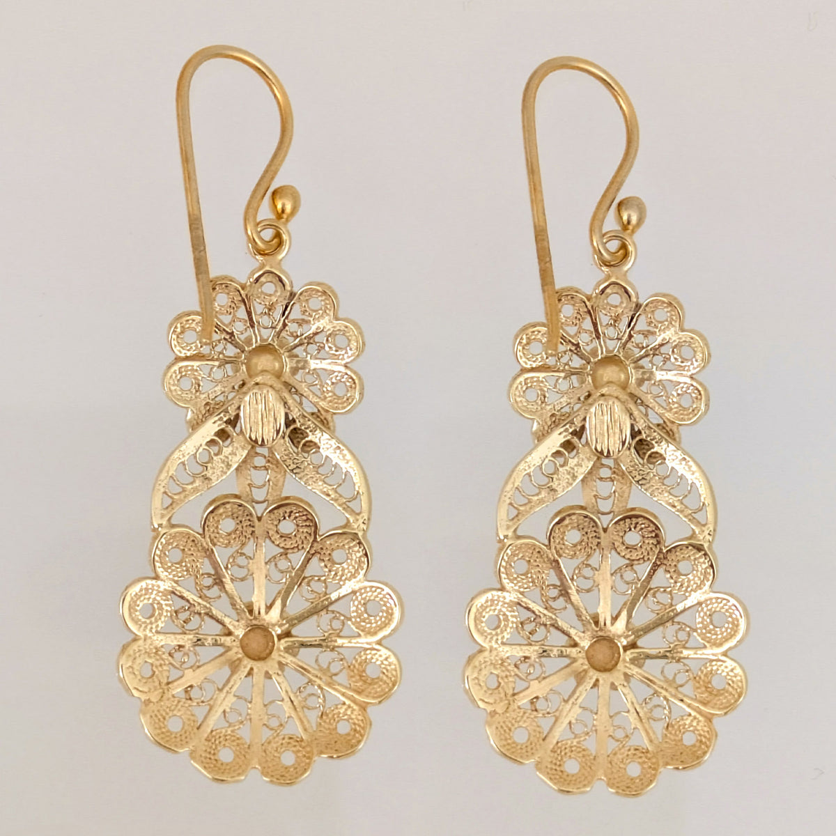 Double Flower Filigree Drop Earrings with Openwork Detail