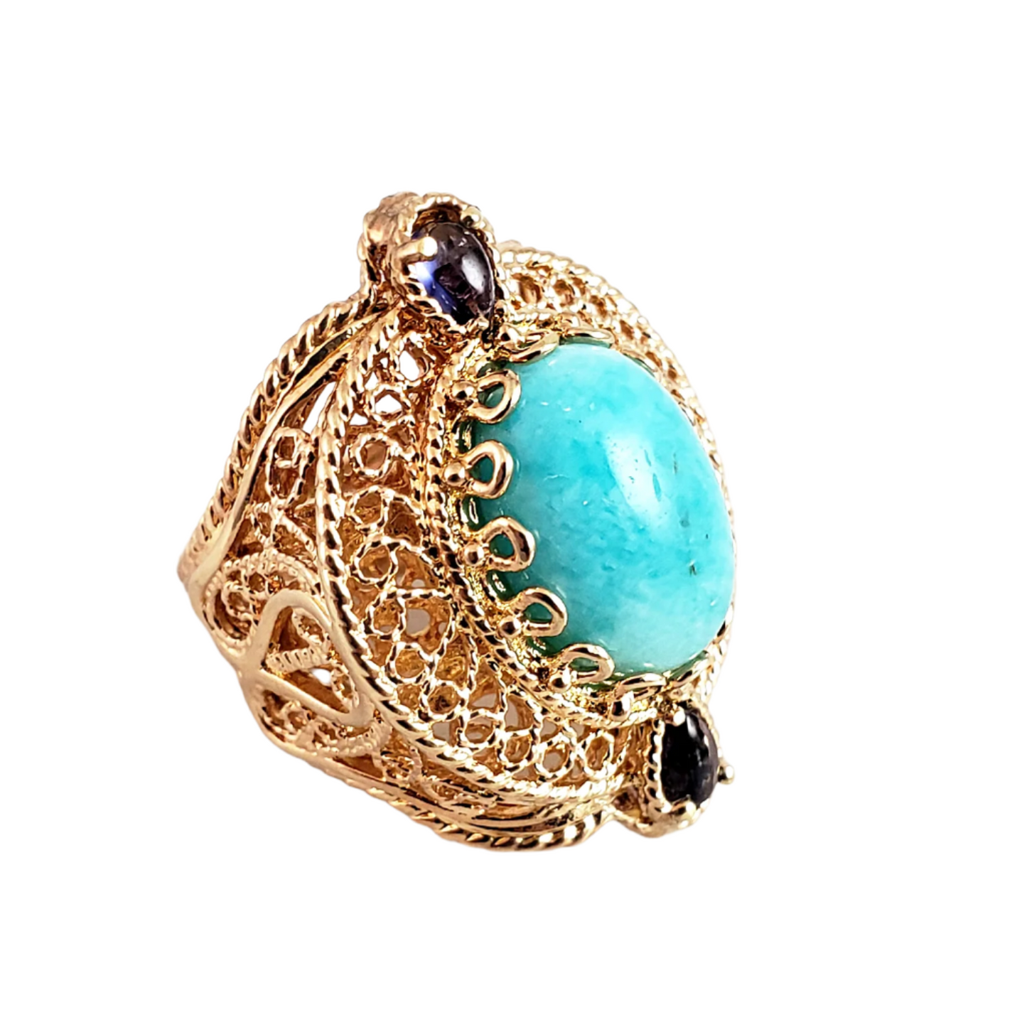 Filigree Genuine Amazonite and Amethyst Gemstone Ring