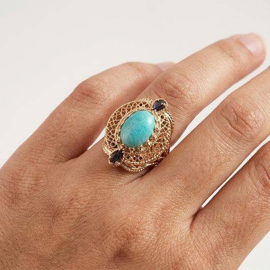 Filigree Genuine Amazonite and Amethyst Gemstone Ring