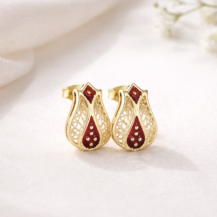 Red Enamel Filigree Stud Earrings