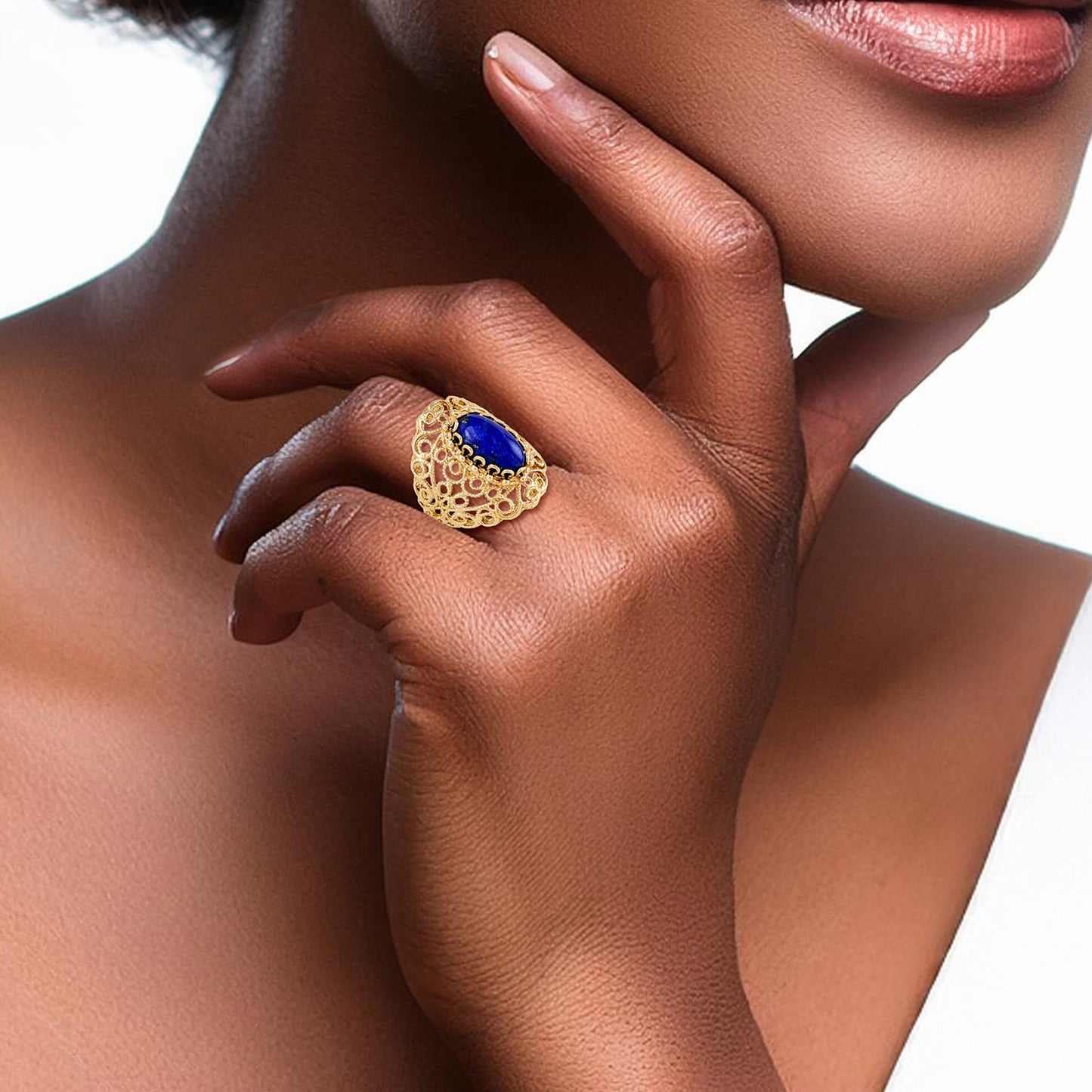 18K Gold Plated 14 x 7mm Gemstone Filigree Ring