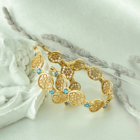 Filigree Floral Hoop Earrings with Gemstones - TurkishBling
