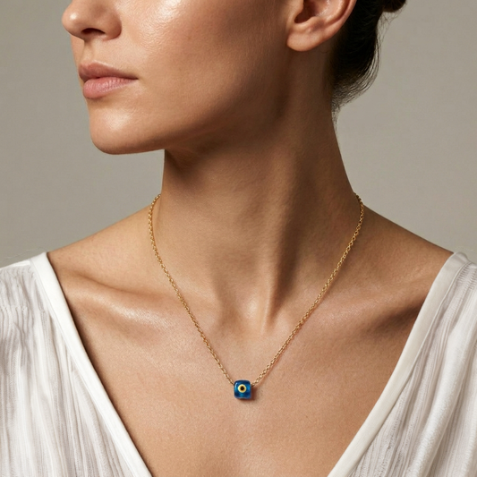 Evil Eye Gold Necklace Blue Glass Bead Pendant 18k Gold Over Bronze Protection Necklace Minimalist Turkish Jewelry