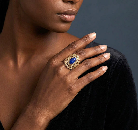 18K Gold Plated 14 x 7mm Gemstone Filigree Ring