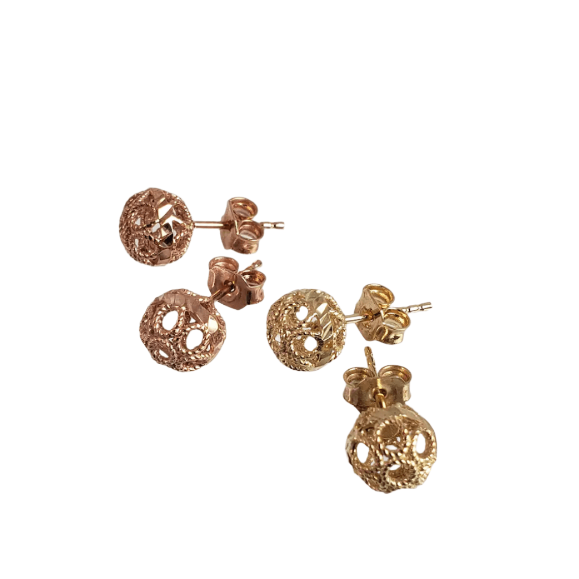 Round Gold Filigree Bead Stud Earrings with Diamond Cut - TurkishBling