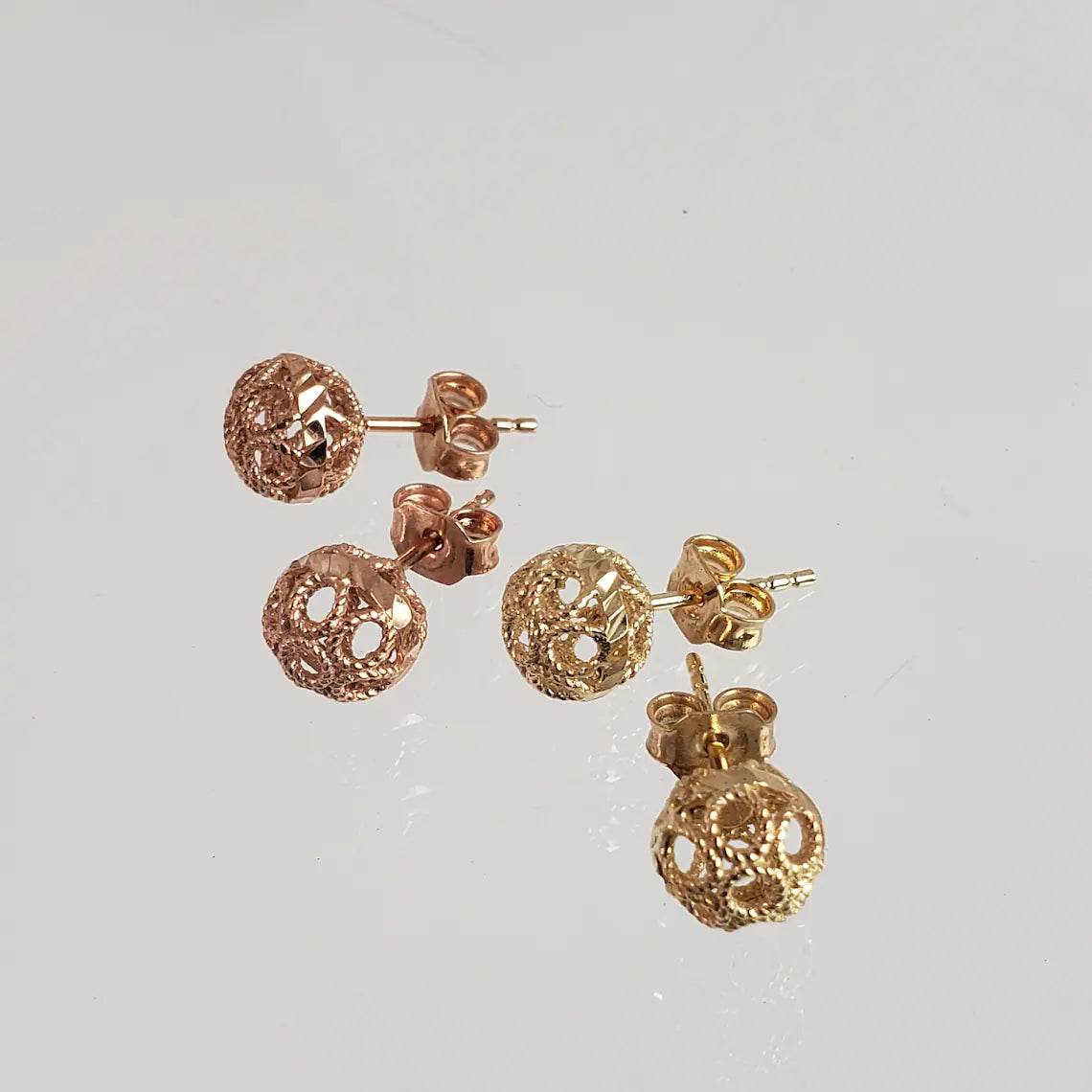 Round Gold Filigree Bead Stud Earrings with Diamond Cut - TurkishBling