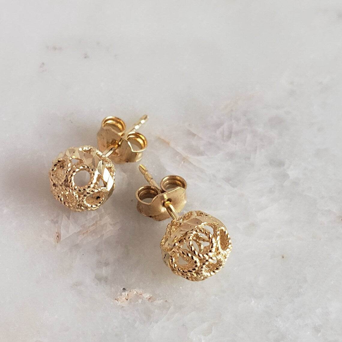 Round Gold Filigree Bead Stud Earrings with Diamond Cut - TurkishBling