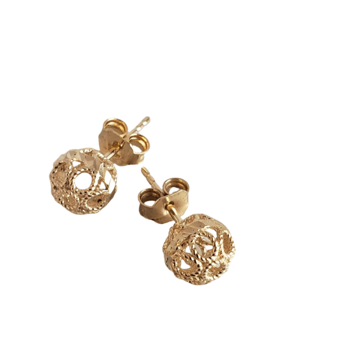 Round Gold Filigree Bead Stud Earrings with Diamond Cut - TurkishBling