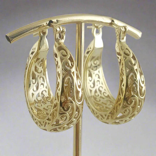 Made to Order Glamorous Scrollwork 14K Real Solid Gold Filigree Hoops - 25mm / 1 in. diameter - TurkishBling