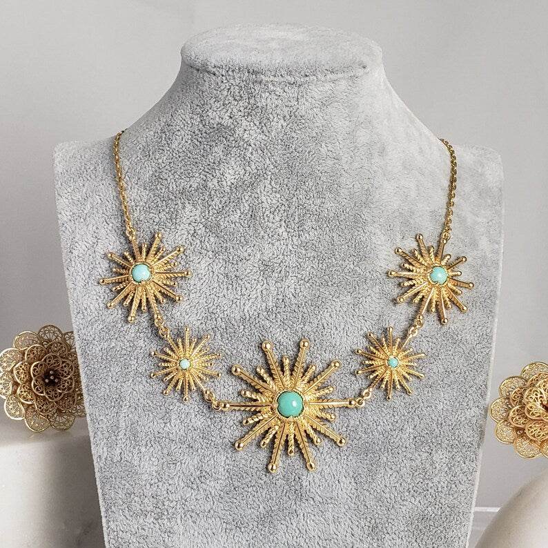 Starburst Statement Necklace with Turquoise and Coral - TurkishBling