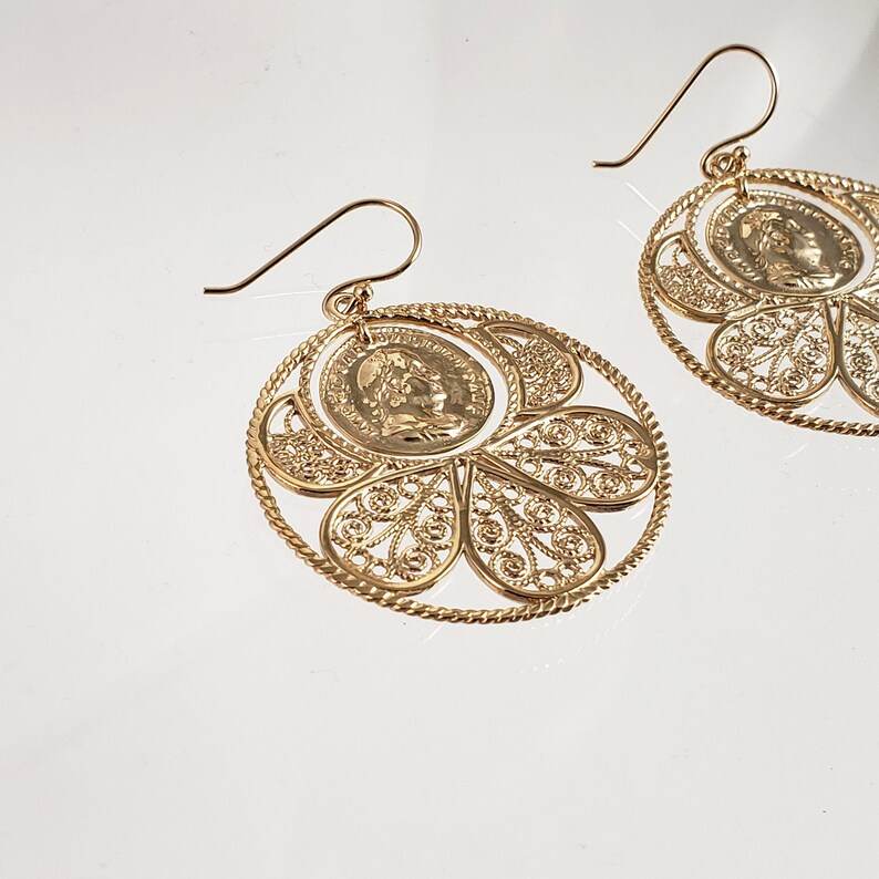 Filigree Coin Medallion Dangle Earrings with Petal Frame - TurkishBling