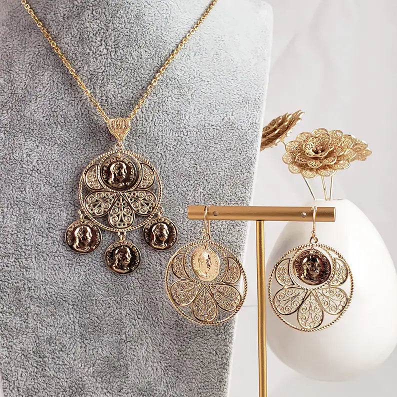 Filigree Coin Medallion Dangle Earrings with Petal Frame - TurkishBling