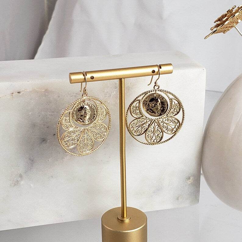 Filigree Coin Medallion Dangle Earrings with Petal Frame - TurkishBling