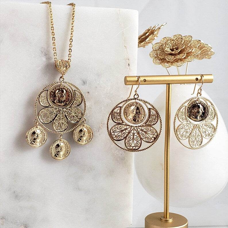 Filigree Coin Medallion Dangle Earrings with Petal Frame - TurkishBling