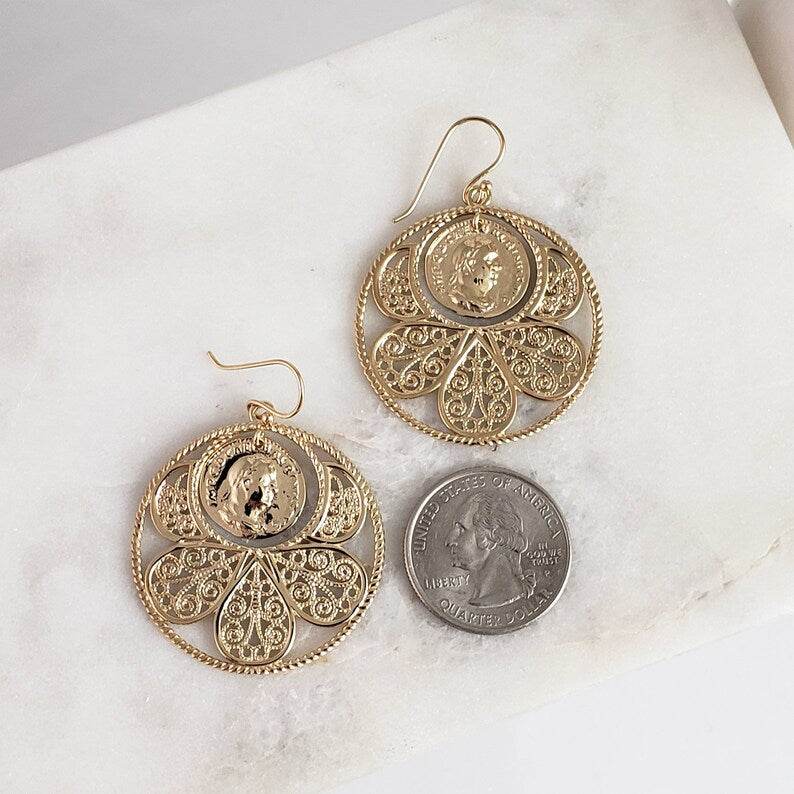 Filigree Coin Medallion Dangle Earrings with Petal Frame - TurkishBling