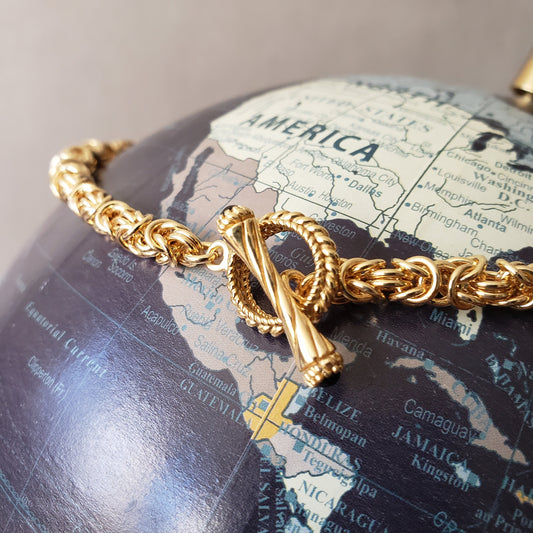 Limited quantity! Graduated Byzantine Necklace 18K Gold Plated Over Bronze Hand Made Byzantine Link Necklace with Gemstone Black Onyx Clasp