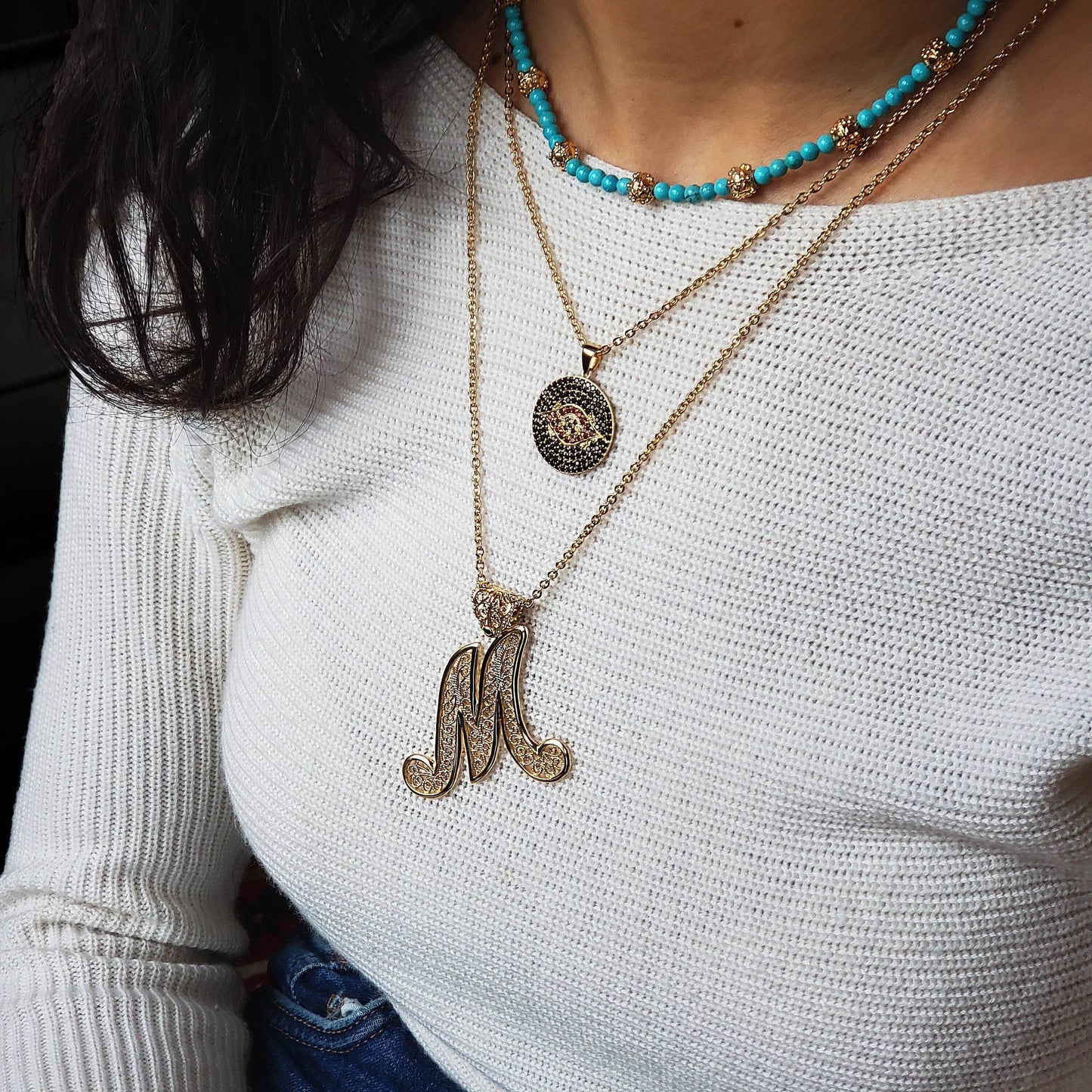 Filigree Bold Initial Pendant with Chain - TurkishBling