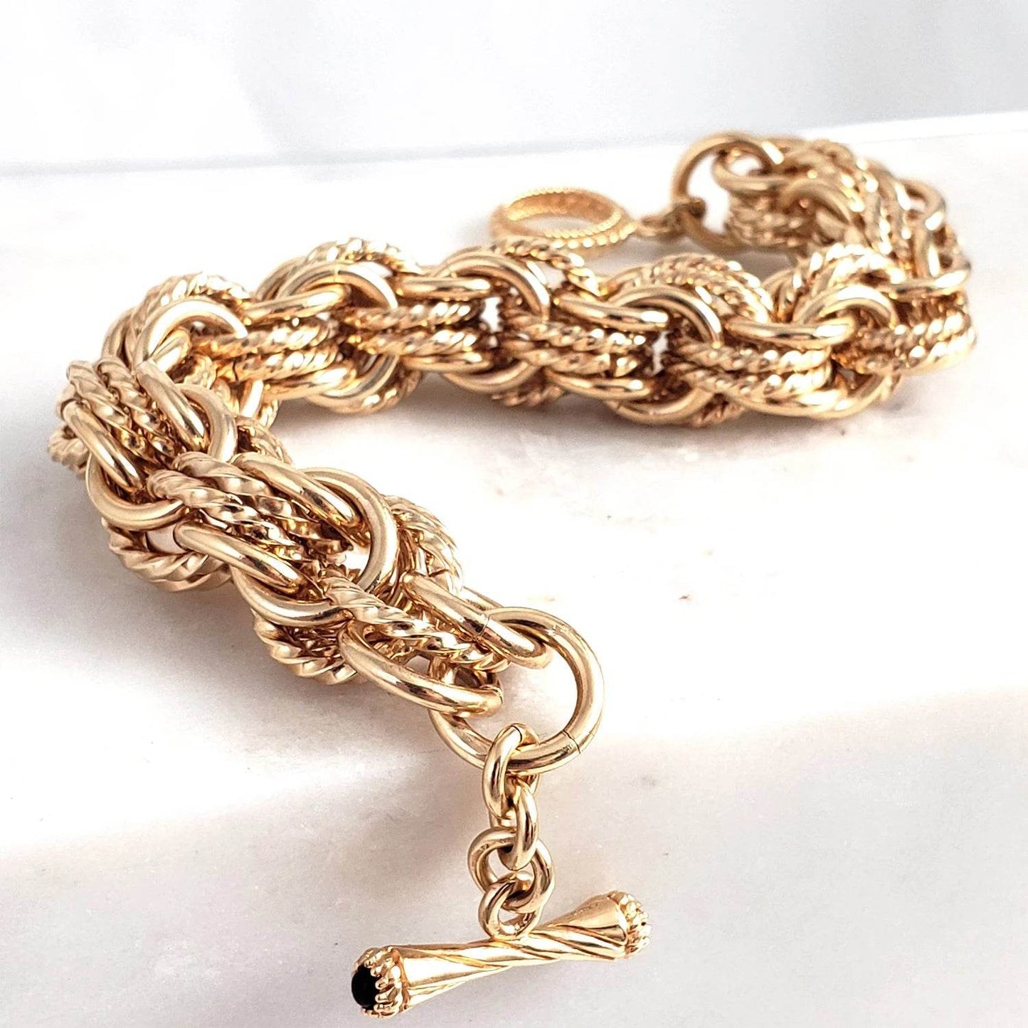 Bold Link Bracelet with Cable and High Polished Links and Gemstone Accented Toggle v White Gold - TurkishBling