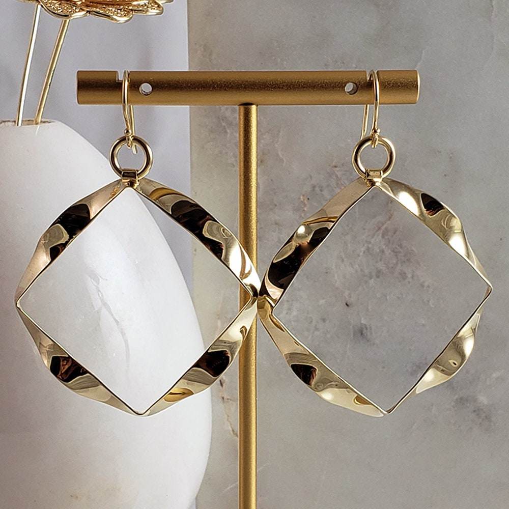 Wavy Square Drop Earrings – Bold Open Frame Look - TurkishBling