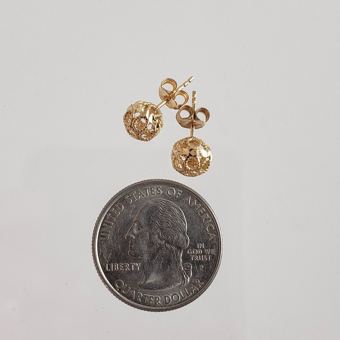 Round Gold Filigree Bead Stud Earrings with Diamond Cut - TurkishBling