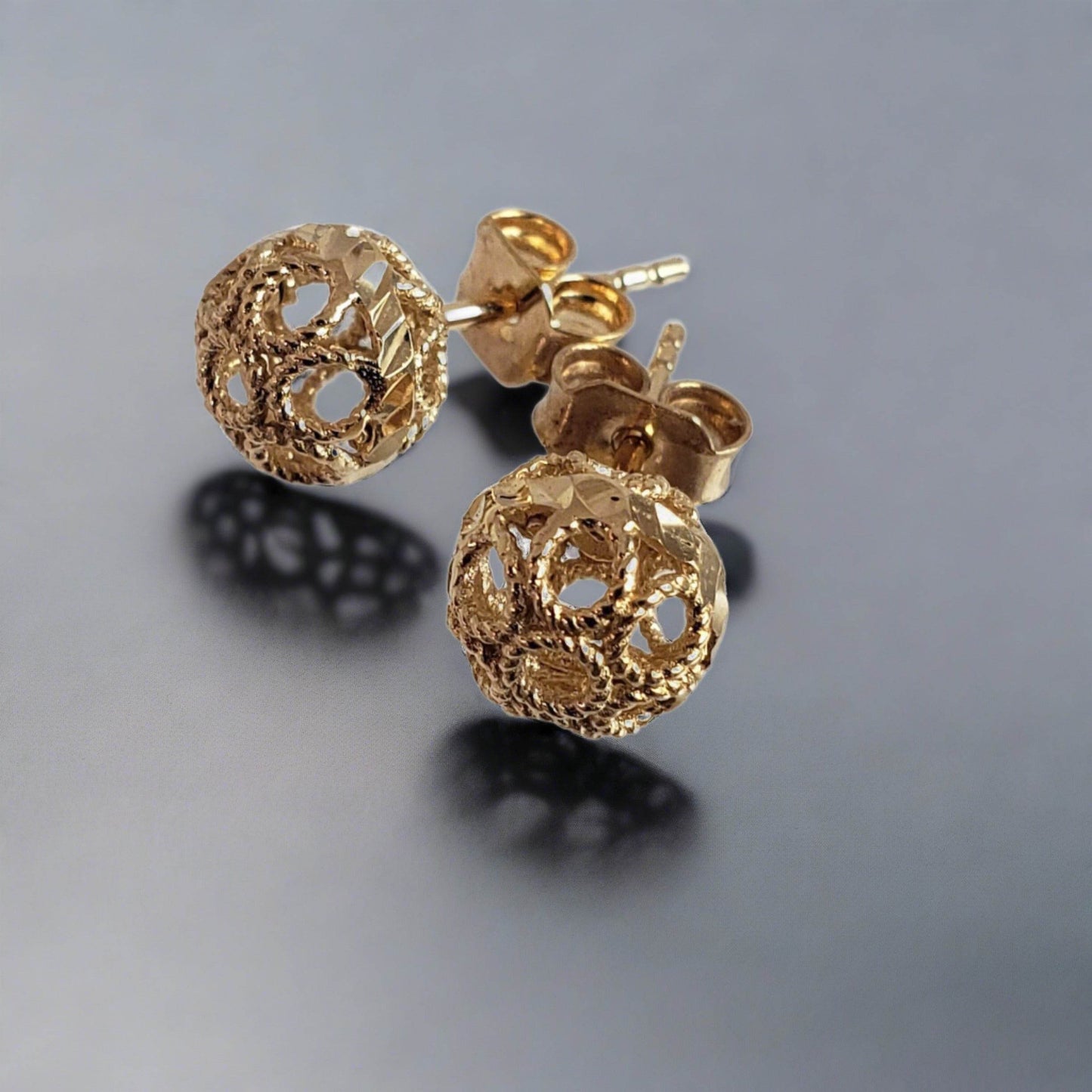 Round Gold Filigree Bead Stud Earrings with Diamond Cut - TurkishBling