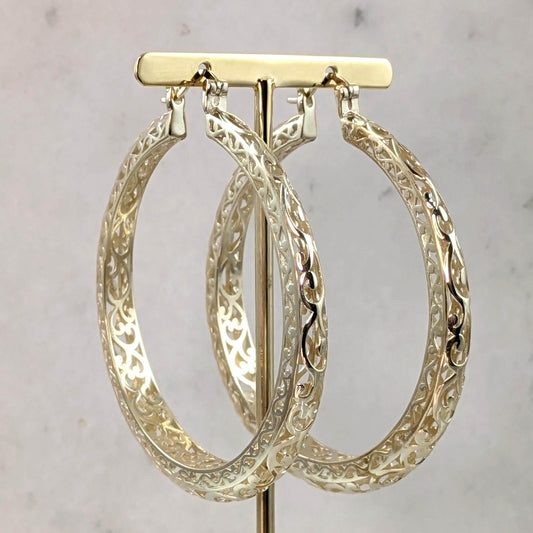 Made to Order Glamorous Scrollwork 14K 18k Real Solid Gold Filigree Hoops - 52mm (2 inches) Inner Diameter - TurkishBling